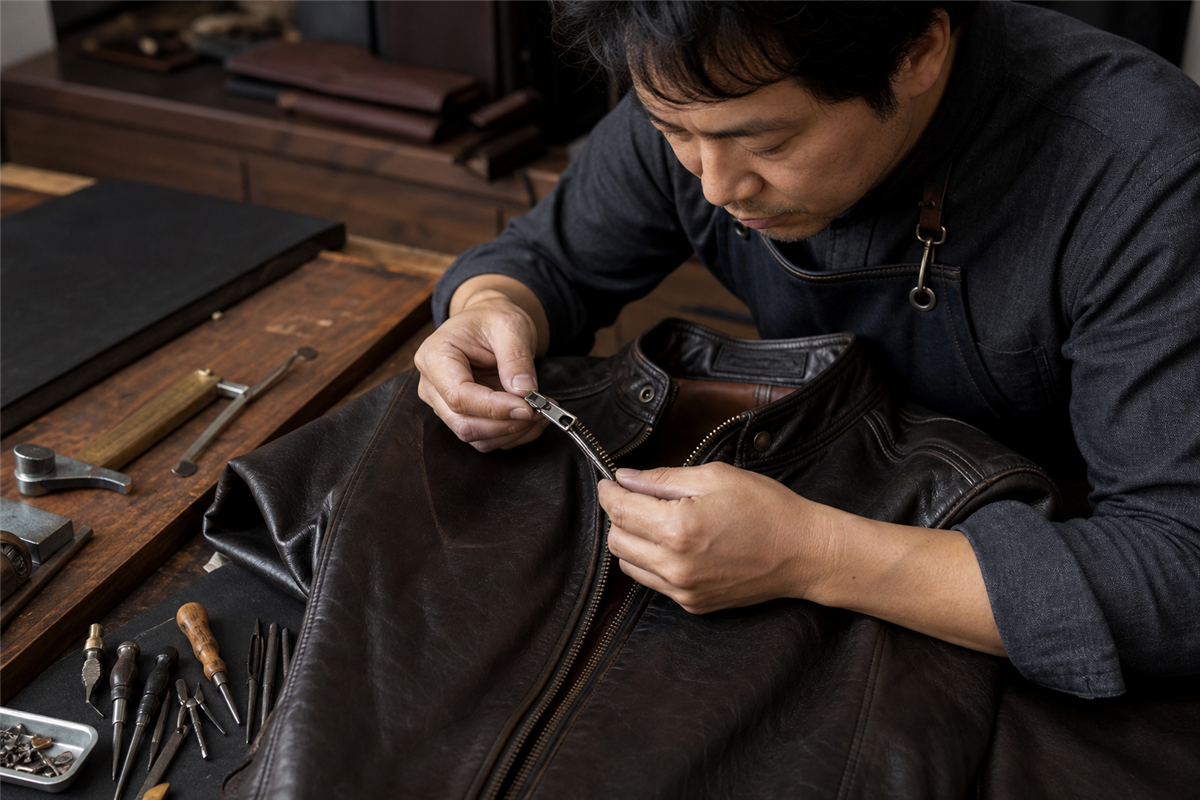 革ジャケットのファスナーとスライダーを作業台で確認する様子