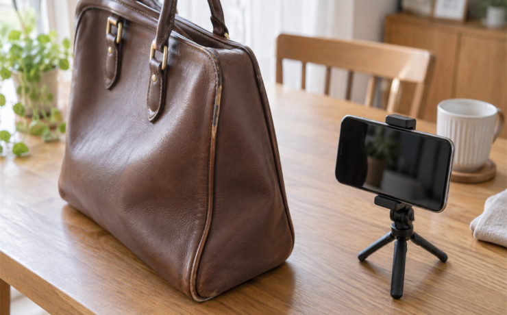 芯が見えたバッグのパイピングと撮影準備中のスマートフォン