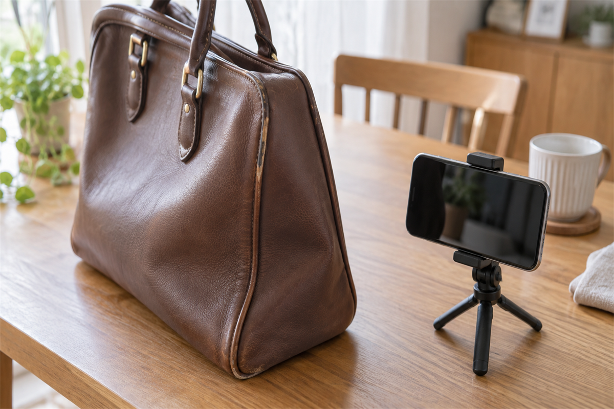 芯が見えたバッグのパイピングと撮影準備中のスマートフォン
