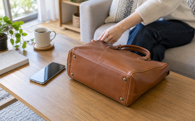 革バッグの底四隅と修理相談用の撮影を準備するスマートフォン