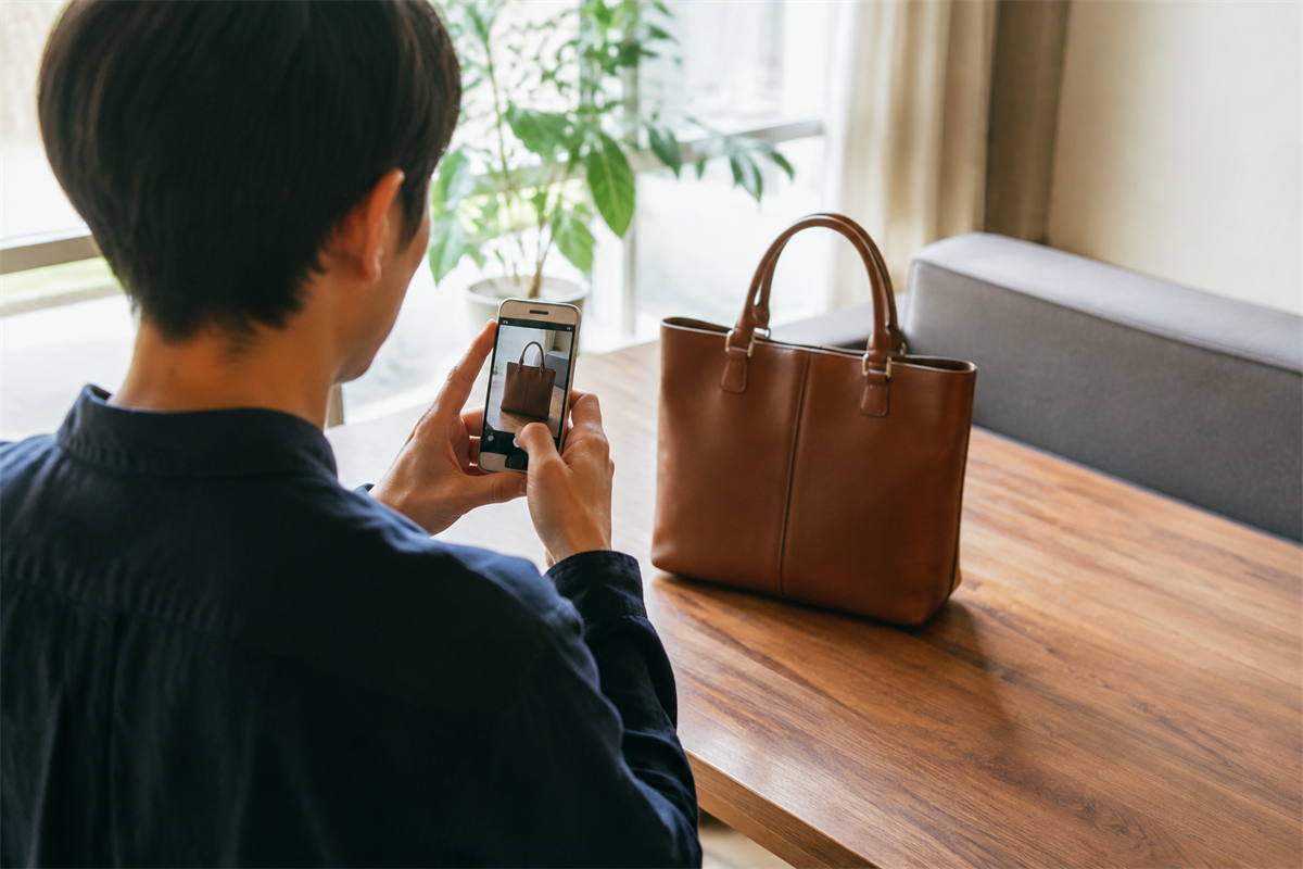 持ち手を引っ張らずに革バッグを撮影する様子