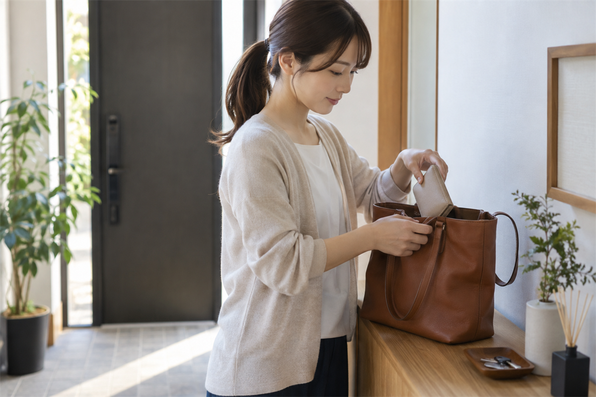 持ち手に負荷をかけず革バッグから荷物を出す様子