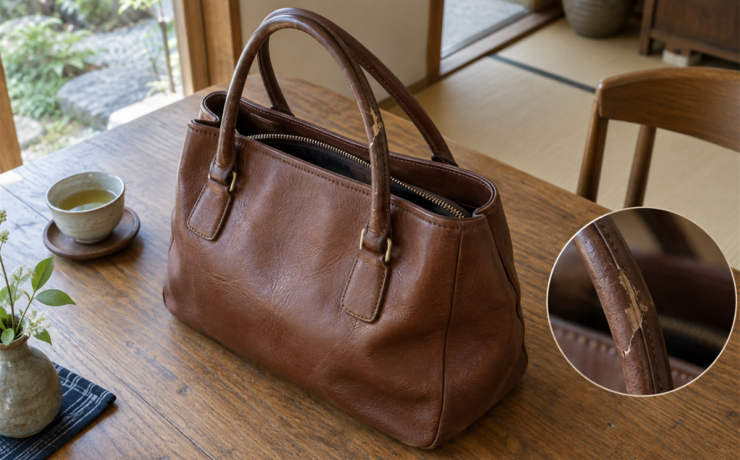 革バッグの持ち手にあるコバの割れとバッグ全体