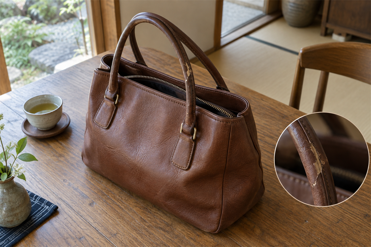 革バッグの持ち手にあるコバの割れとバッグ全体
