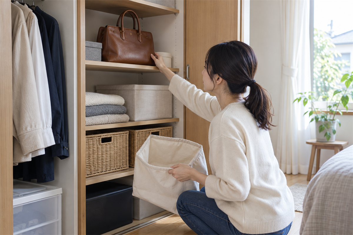 革バッグが置かれていた収納場所を確認する様子