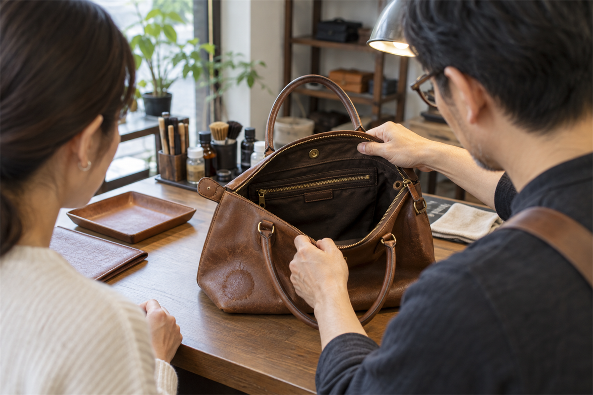 乾燥後の革バッグの内袋と金具を確認する手元