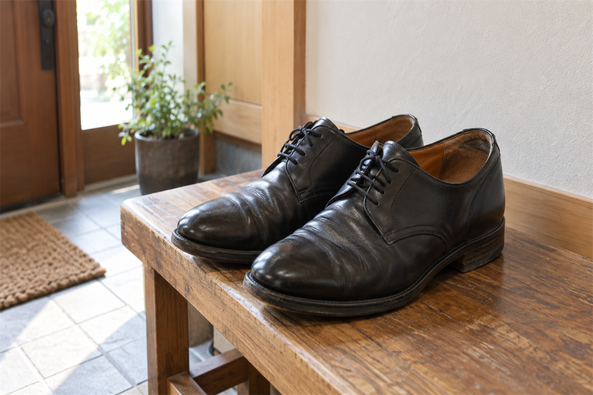 革靴のかかと内側の破れを修理相談する前に確認する様子