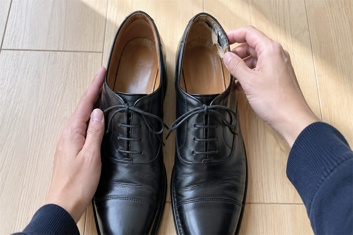 左右の革靴を並べてかかと内側の破れた位置を確認する様子
