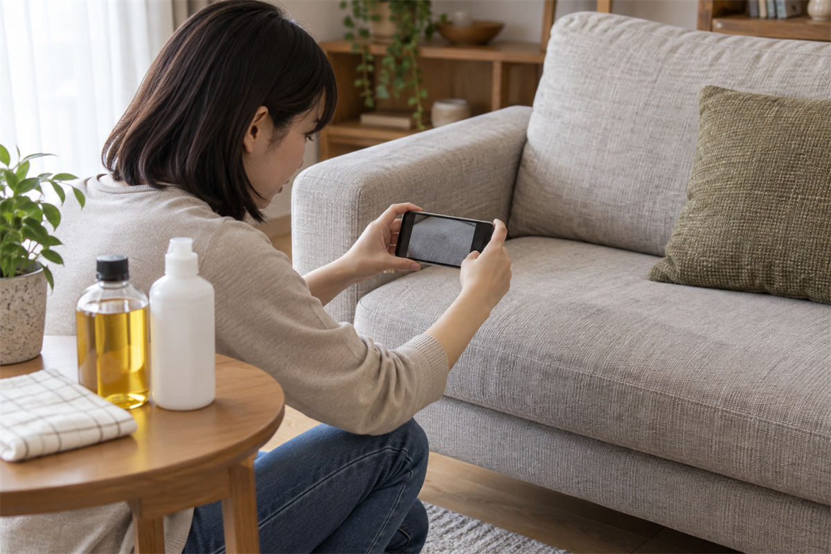 家庭用の油や洗剤を使わずソファの状態を撮影する様子