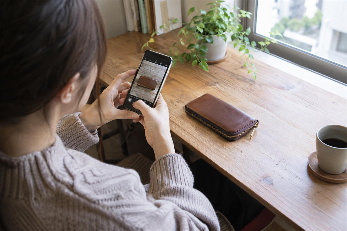 革財布のファスナーをスマートフォンで真上から撮影する様子