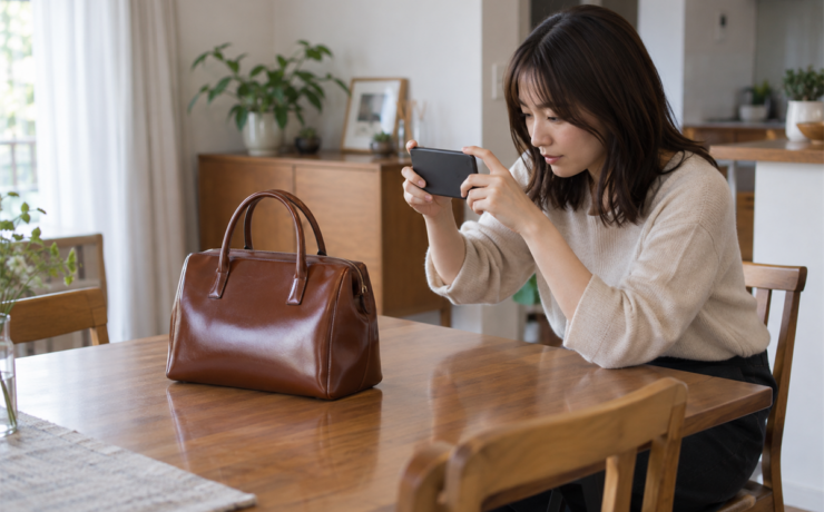 べたつきが見つかったエナメル革バッグをスマートフォンで撮影する様子
