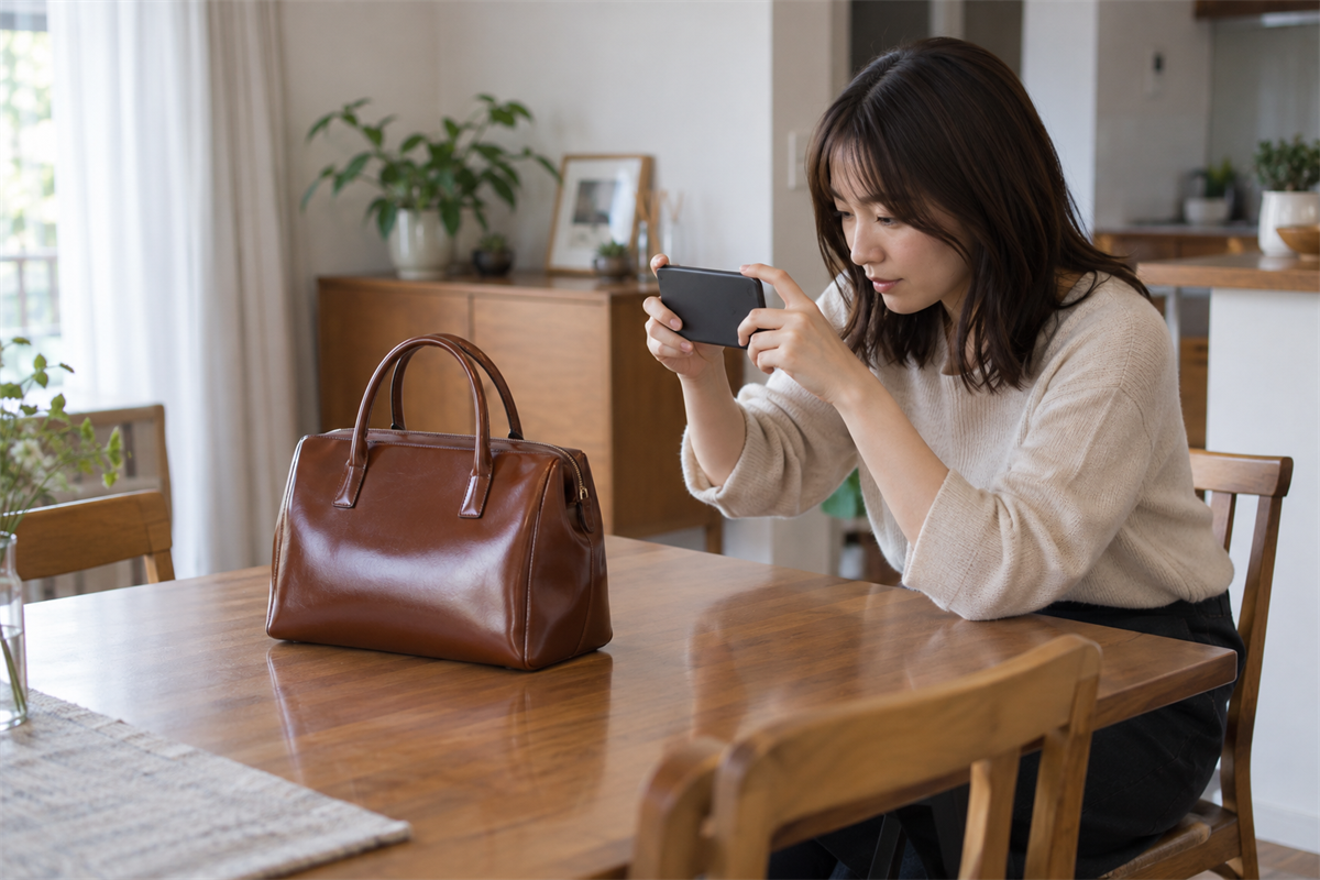 べたつきが見つかったエナメル革バッグをスマートフォンで撮影する様子