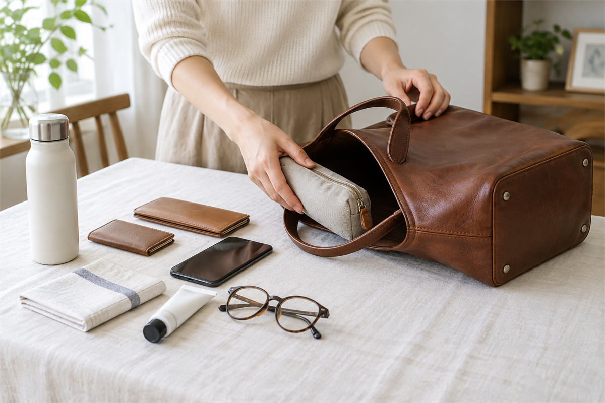 革バッグの中身を出して底面の撮影を準備する場面