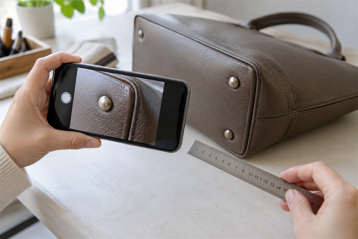 革バッグの底鋲と周辺の革をスマートフォンで撮影する手元
