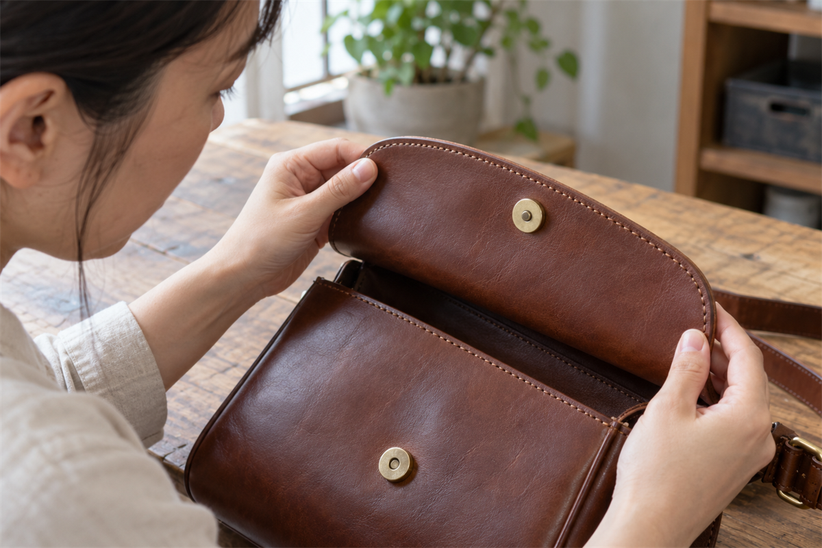 フラップの縫い目と留め金具を近くで確認する様子