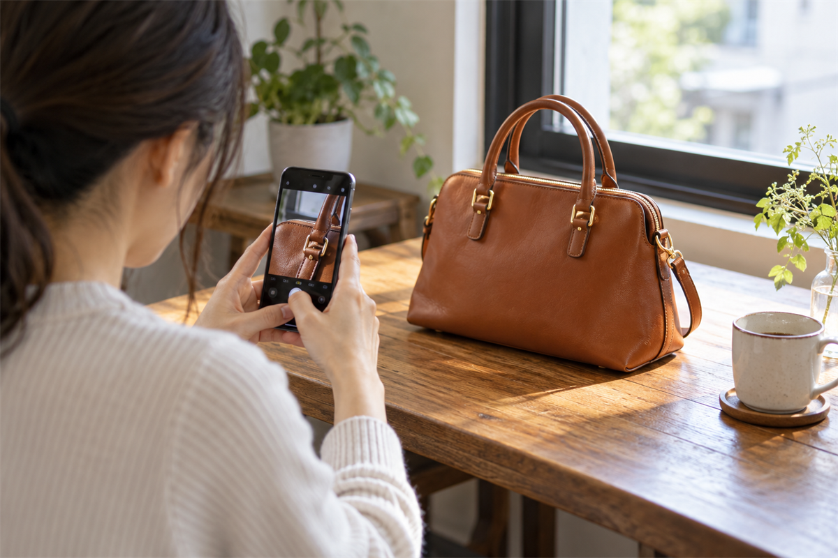 革バッグのショルダー金具をスマートフォンで撮影する準備