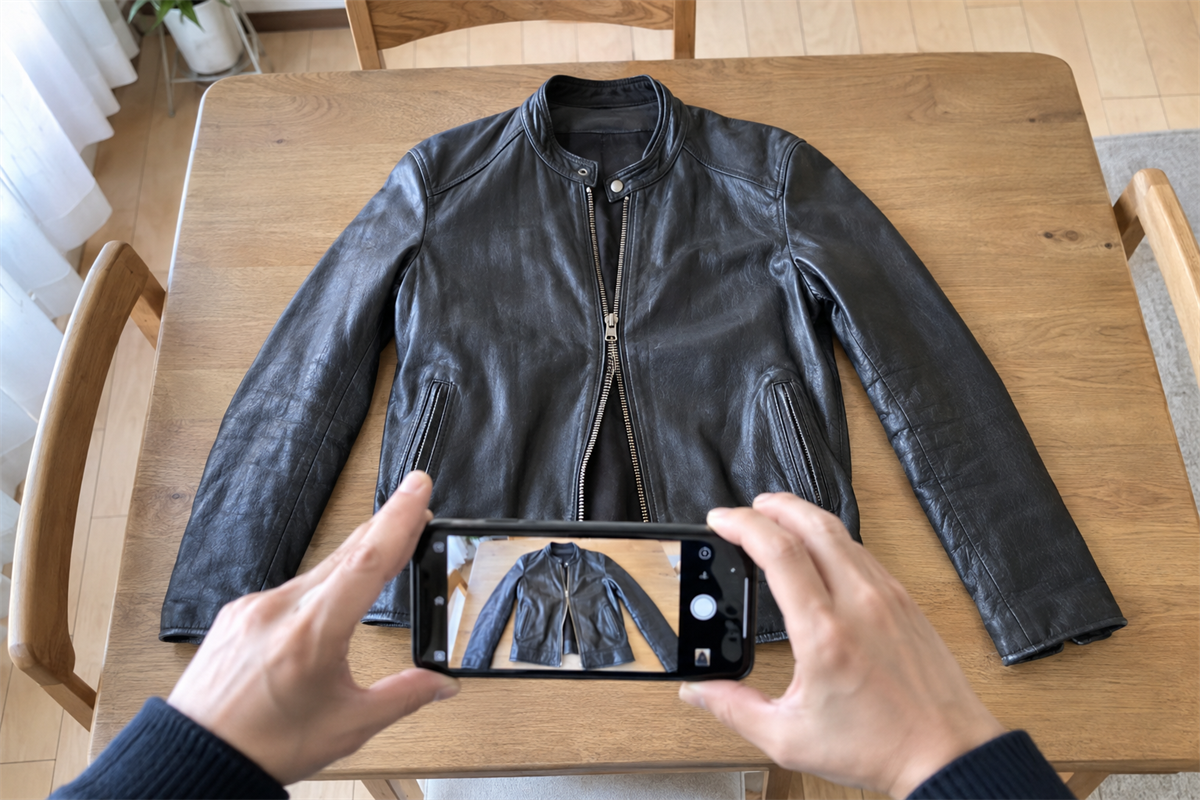 テーブルに置いた革ジャケットの正面全体をスマートフォンで撮影する様子
