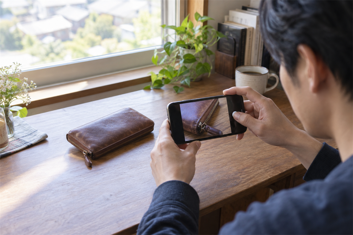 スマートフォンで革財布のファスナーを撮影する様子