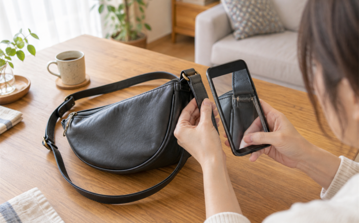 ショルダーバッグのベルト付け根のほつれをスマートフォンで確認する場面