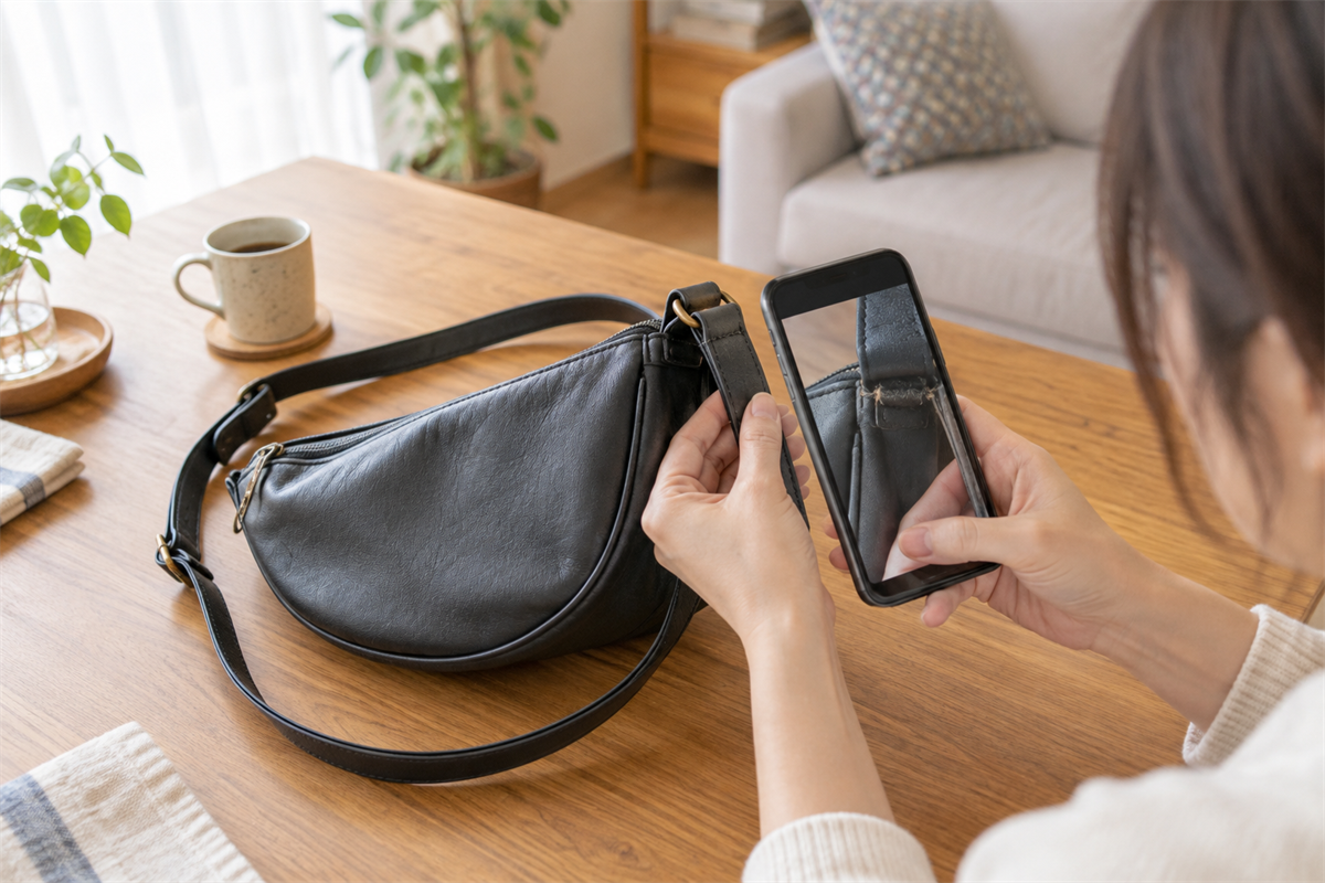 ショルダーバッグのベルト付け根のほつれをスマートフォンで確認する場面